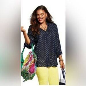 Cabi Martini Blouse Womens Navy Green Olive Dot Relaxed Fit Chiffon Top Sz S